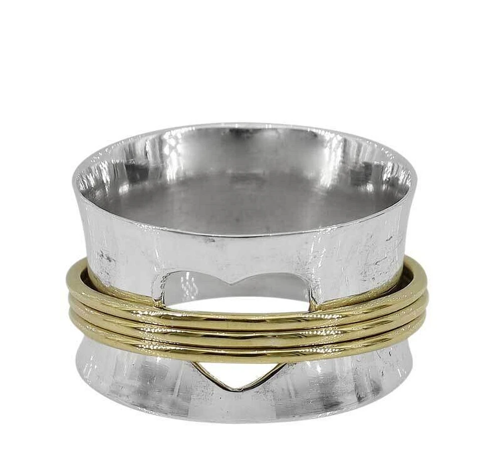 Sterling Silver With Brass Band, 2 Tone Meditation Ring With Heart Cut Out, 13mm Width