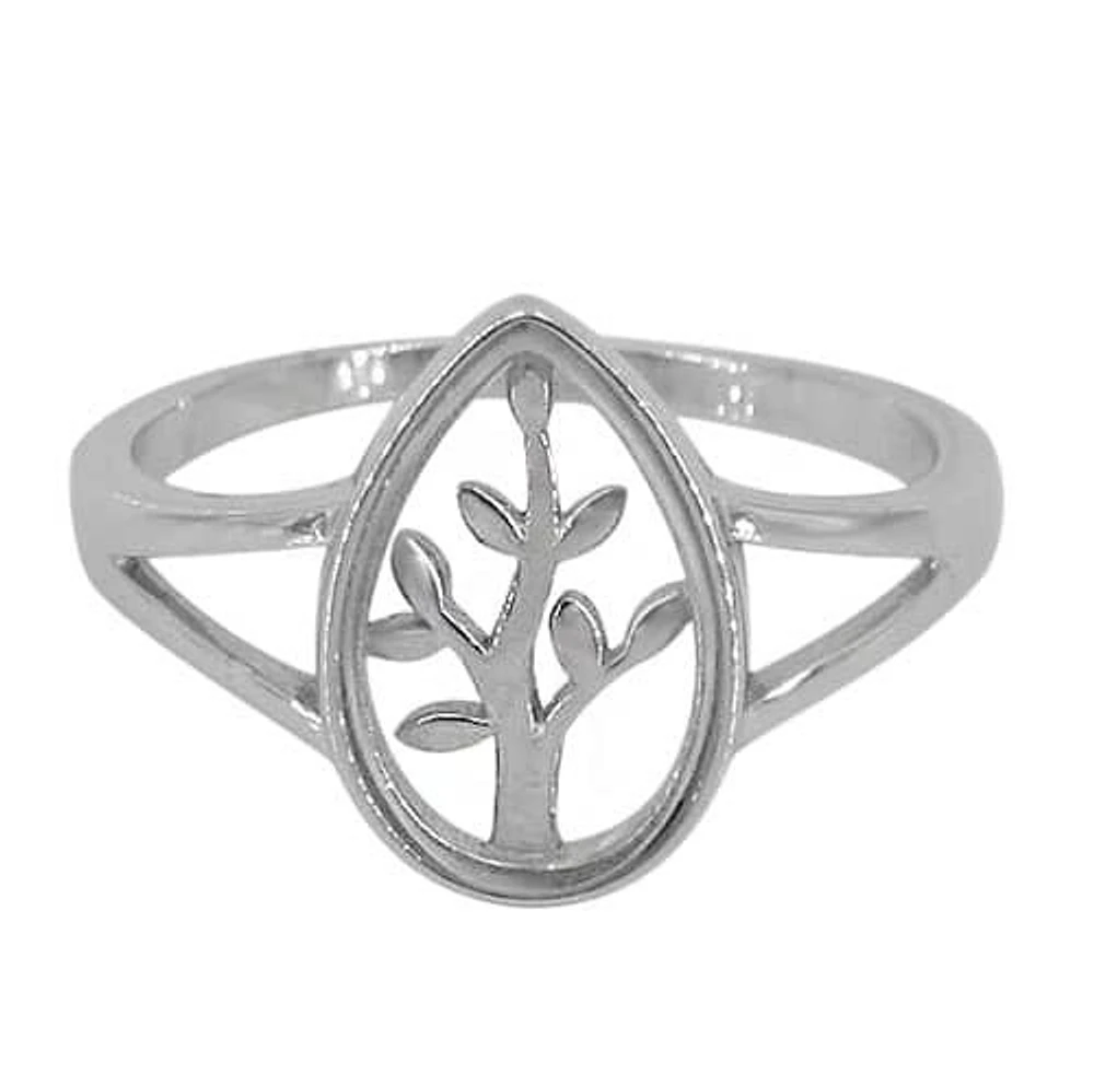 Sterling Silver With Rhodium, 13X9mm Tree Of Life Ring With Glass Frame
