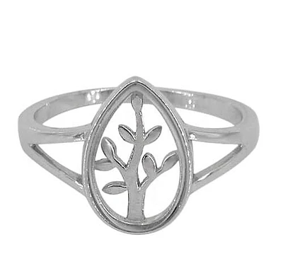 Sterling Silver With Rhodium, 13X9mm Tree Of Life Ring With Glass Frame