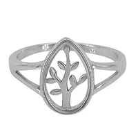 Sterling Silver With Rhodium, 13X9mm Tree Of Life Ring With Glass Frame