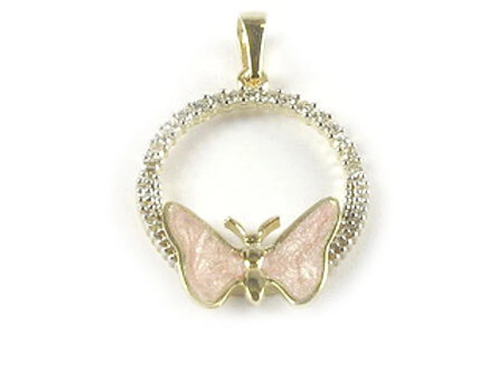 10K Yellow Gold C.Z Pink Enamel Butterfly Pendant