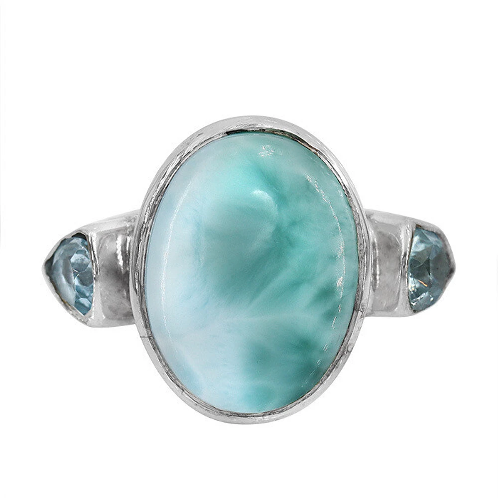 Sterling Silver With Rhodium, 12X17mm Larimar Ring With 5X5mm Blue Topaz, 4mm Band