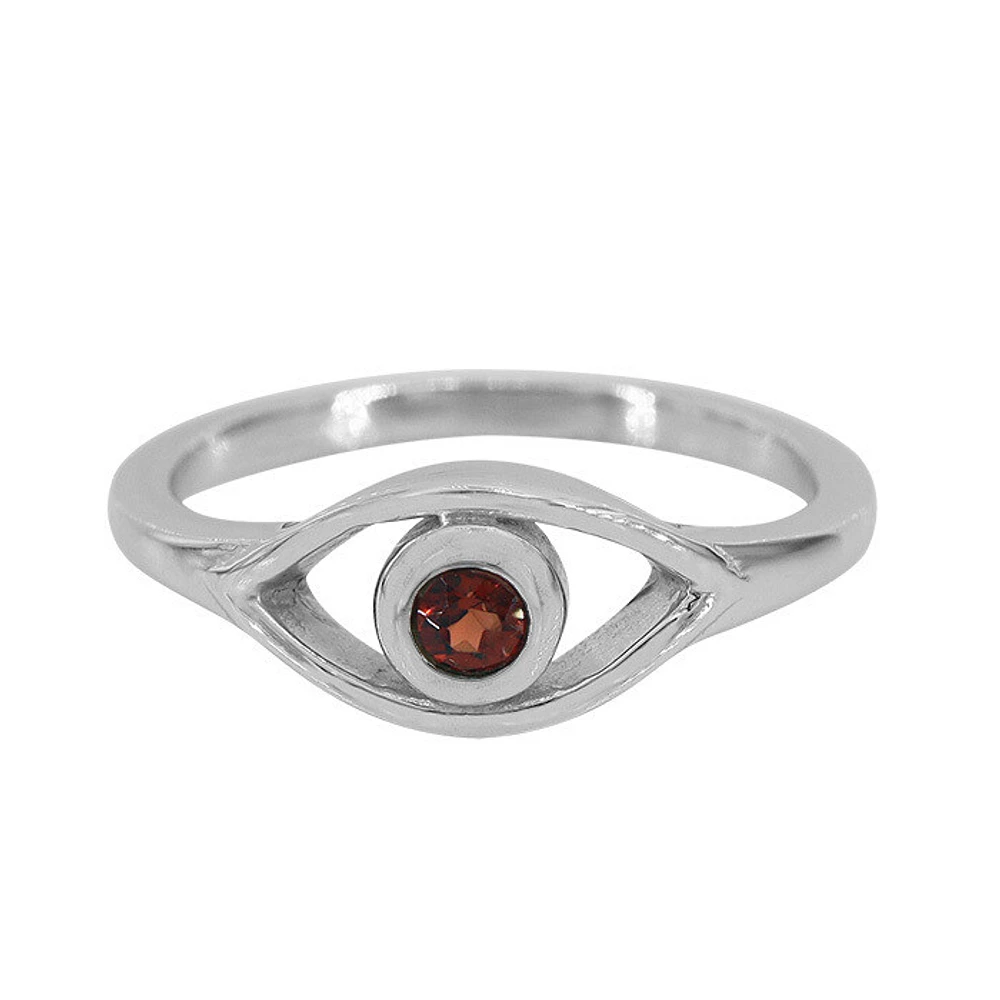 Sterling Silver With Rhodium, 7X13mm Evil Eye Ring With 3Mm Garnet, 2mm Band