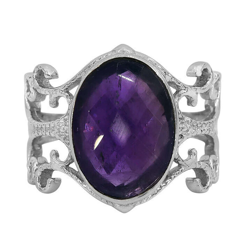 Sterling Silver With Rhodium, 10X15mm Amethyst Ring