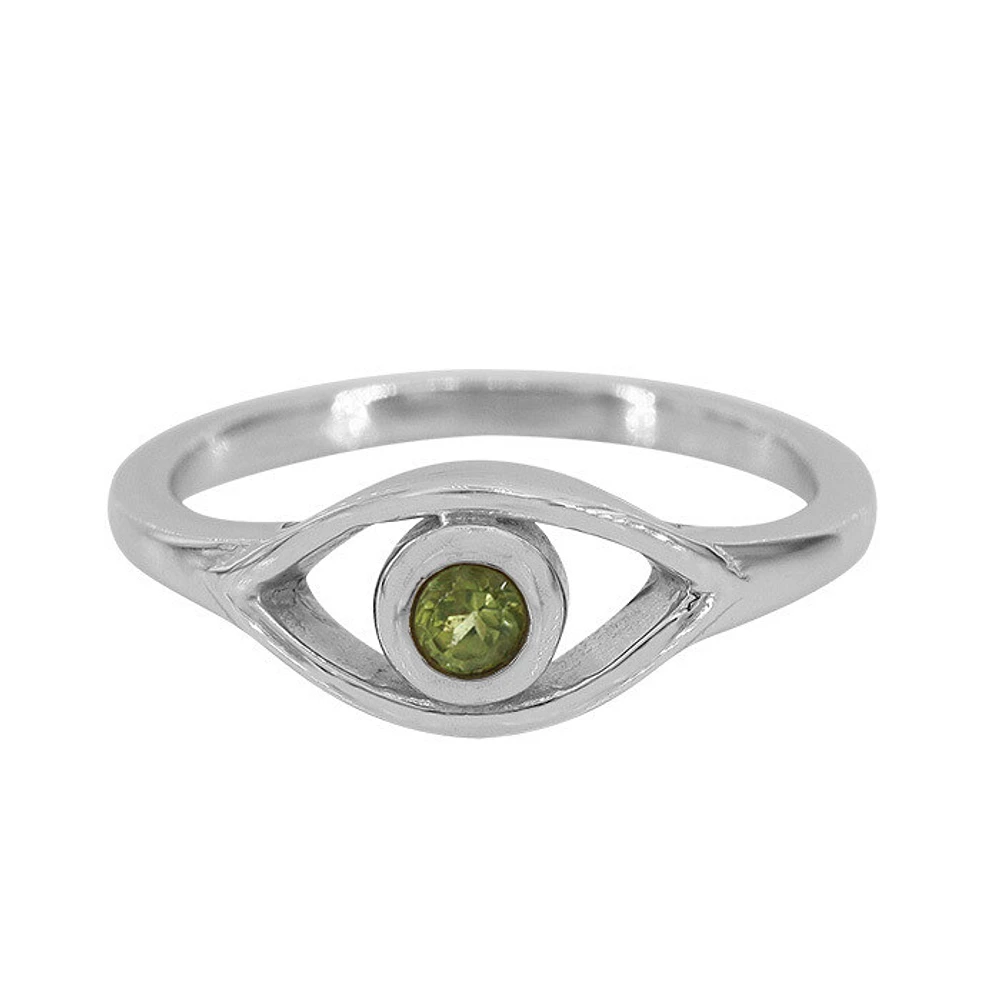 Sterling Silver With Rhodium, 7X13mm Evil Eye Ring With 3mm Peridot, 2mm Band