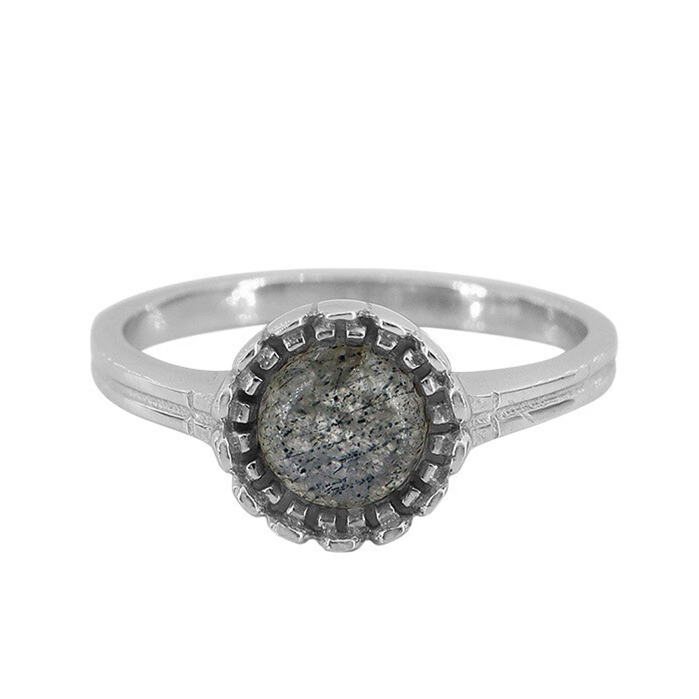 Sterling Silver With Rhodium, 9mm Flower Ring With 6mm Labradorite, 2mm Band