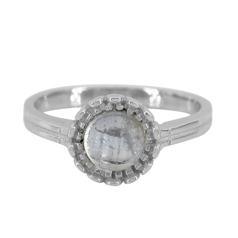 Sterling Silver With Rhodium, 9Mm Flower Ring With 6Mm Moonstone, 2Mm Band
