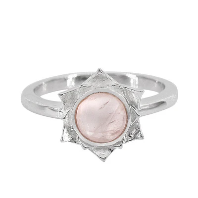 Sterling Silver With Rhodium, 11X12mm Flower Ring With 6mm Rose Quartz, 2mm Band