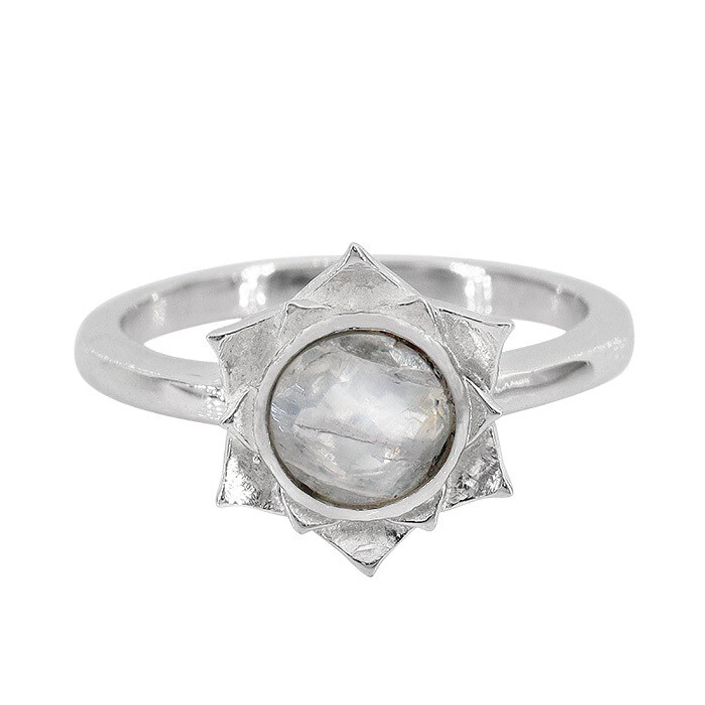 Sterling Silver With Rhodium, 11X12mm Flower Ring With 6mm Moonstone, 2mm Band