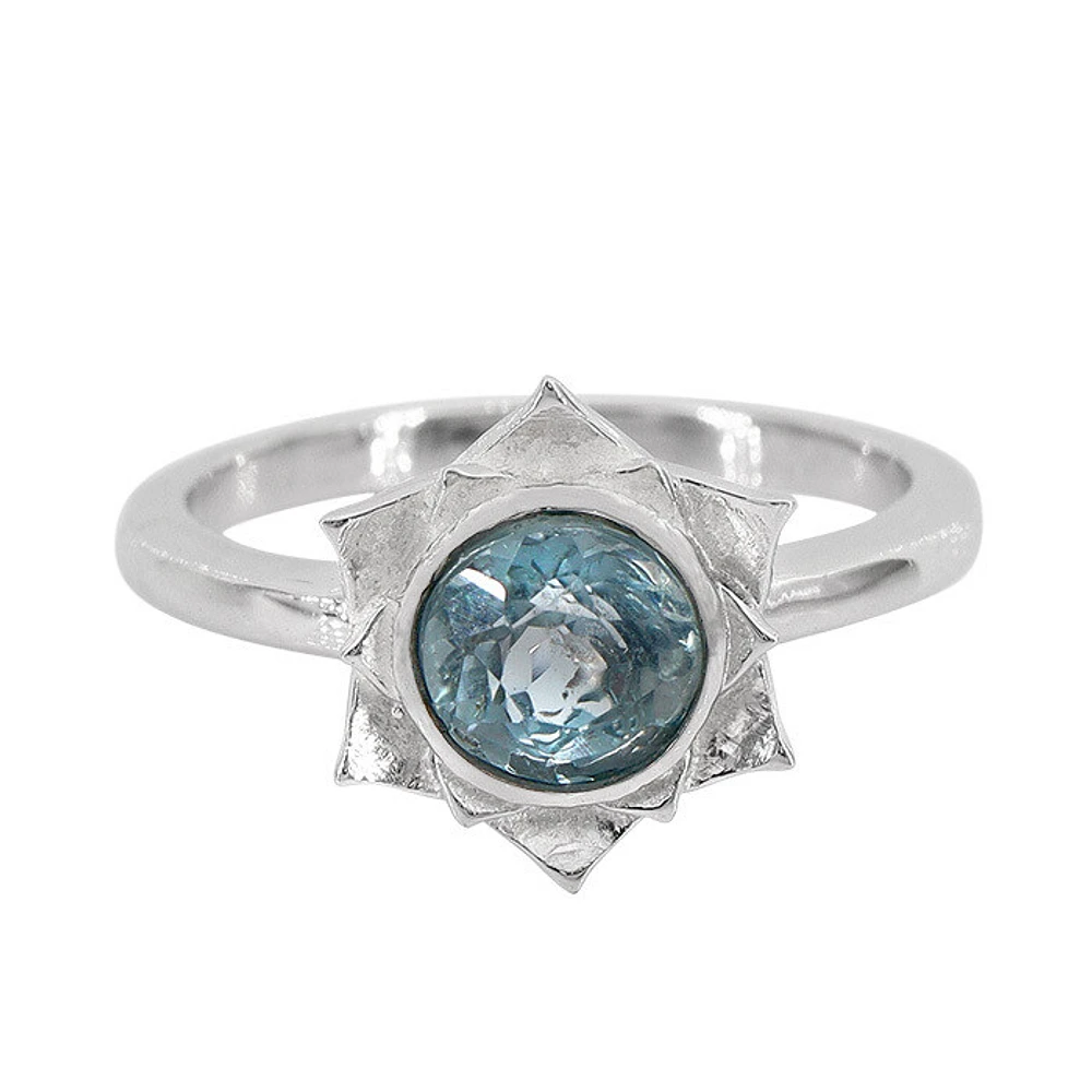 Sterling Silver With Rhodium, 11X12mm Flower Ring With 6mm Blue Topaz, 2mm Band