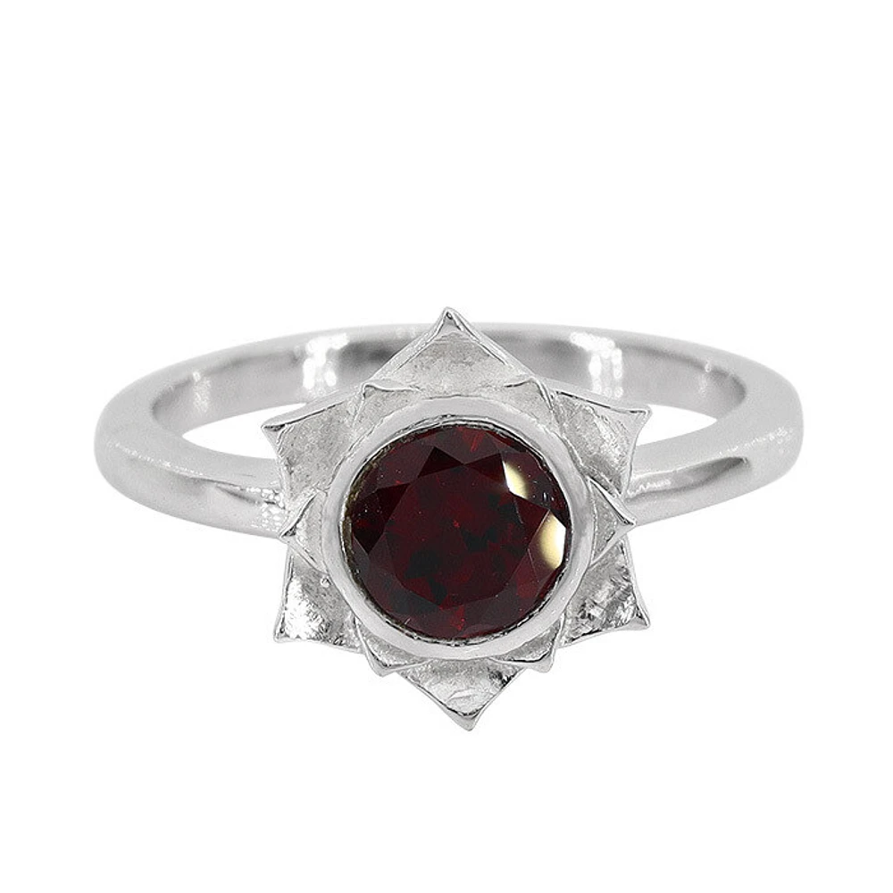 Sterling Silver With Rhodium, 11X12mm Flower Ring With 6mm Garnet, 2mm Band