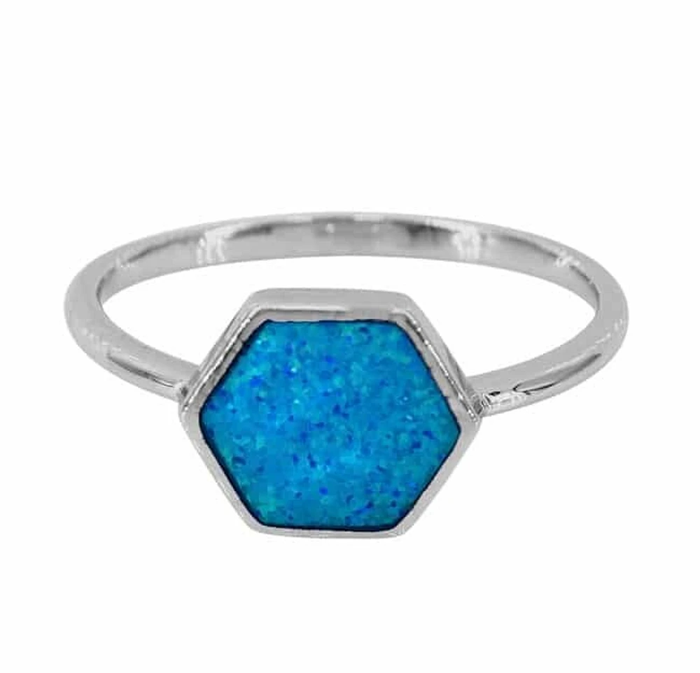 Sterling Silver With Rhodium, 10X11mm Emulated Opal Ring With 2mm Band