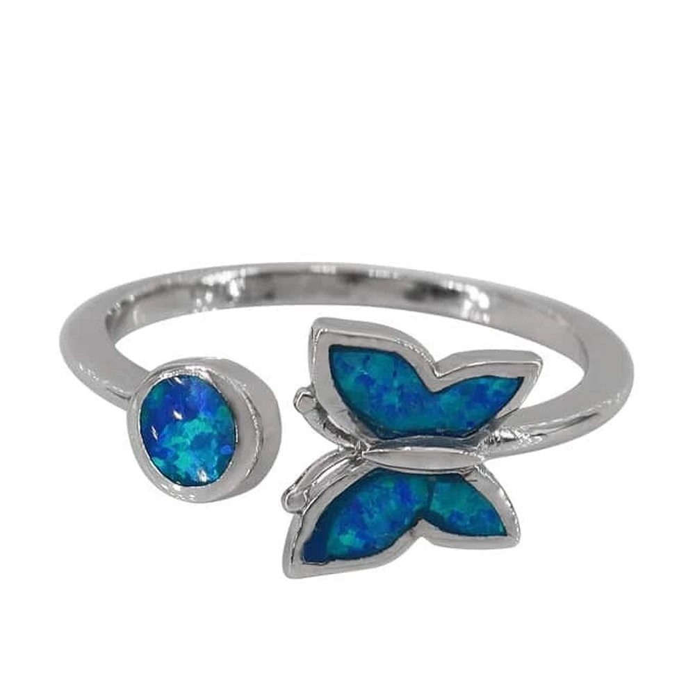 Sterling Silver With Rhodium, 8X10mm Butterfly Ring With Emulated Opal, 2.5mm Band