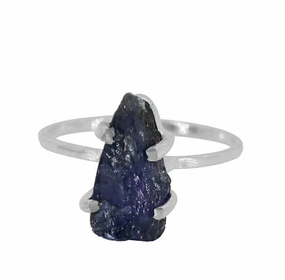 Sterling Silver, 6X13mm Rough Blue Sapphire Ring, 2mm Band