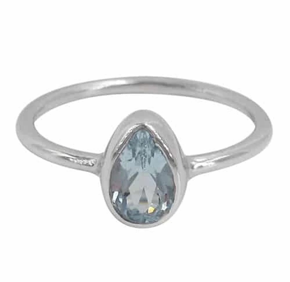 Sterling Silver, 9X6mm Blue Topaz Ring With 1.5mm Round Band