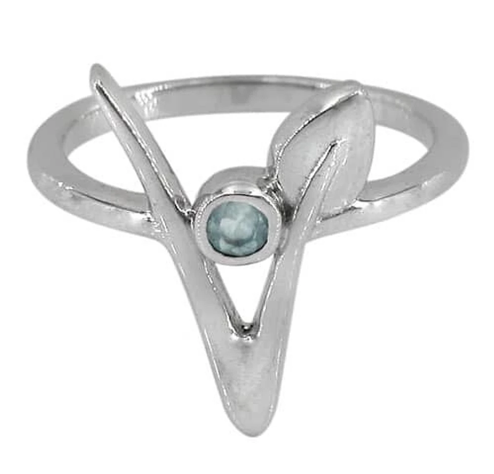 Sterling Silver With Rhodium, 8mm Stone Ring With Leaf Design, 2mm Band