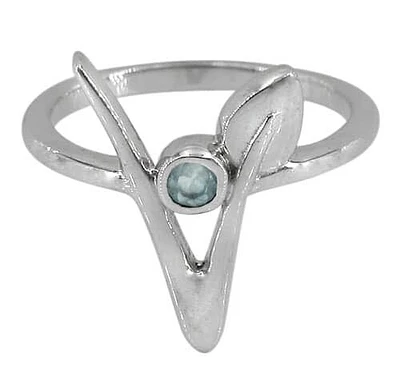 Sterling Silver With Rhodium, 8mm Stone Ring With Leaf Design, 2mm Band