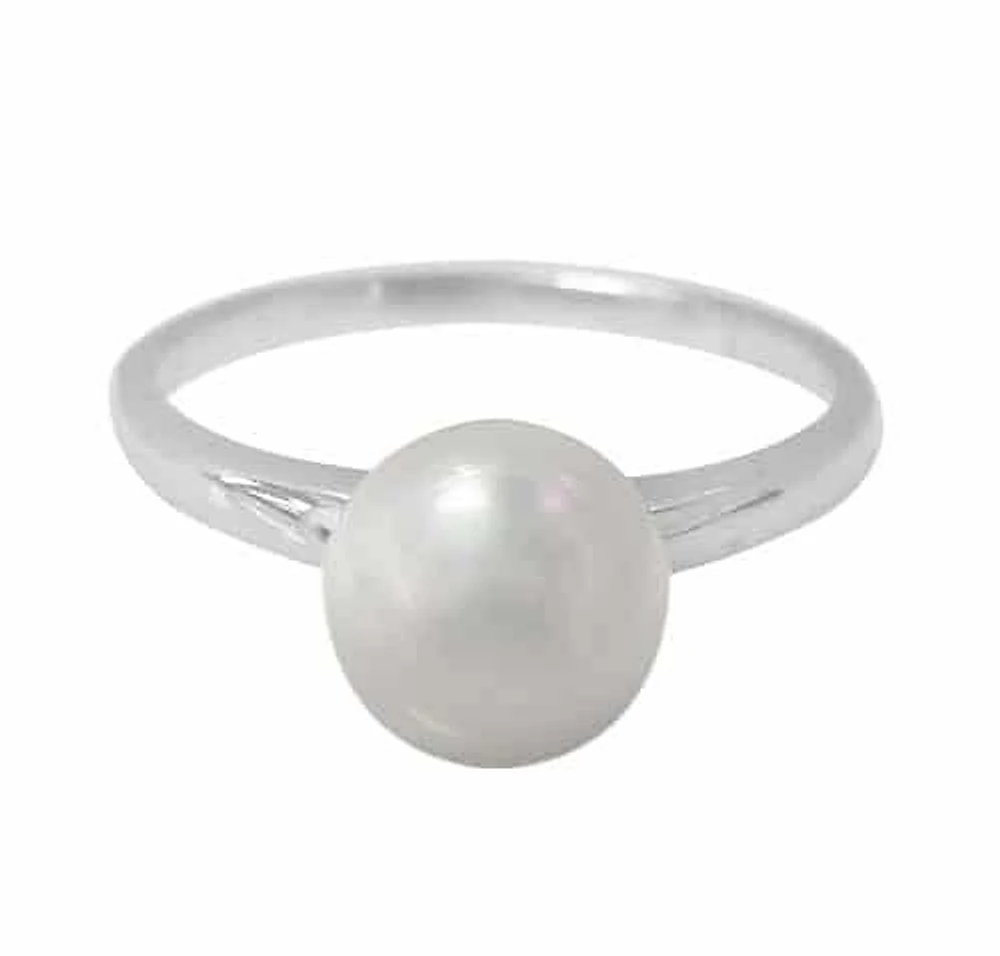 Sterling Silver With Rhodium, 8.5mm White Pearlized Agate Stone Ring