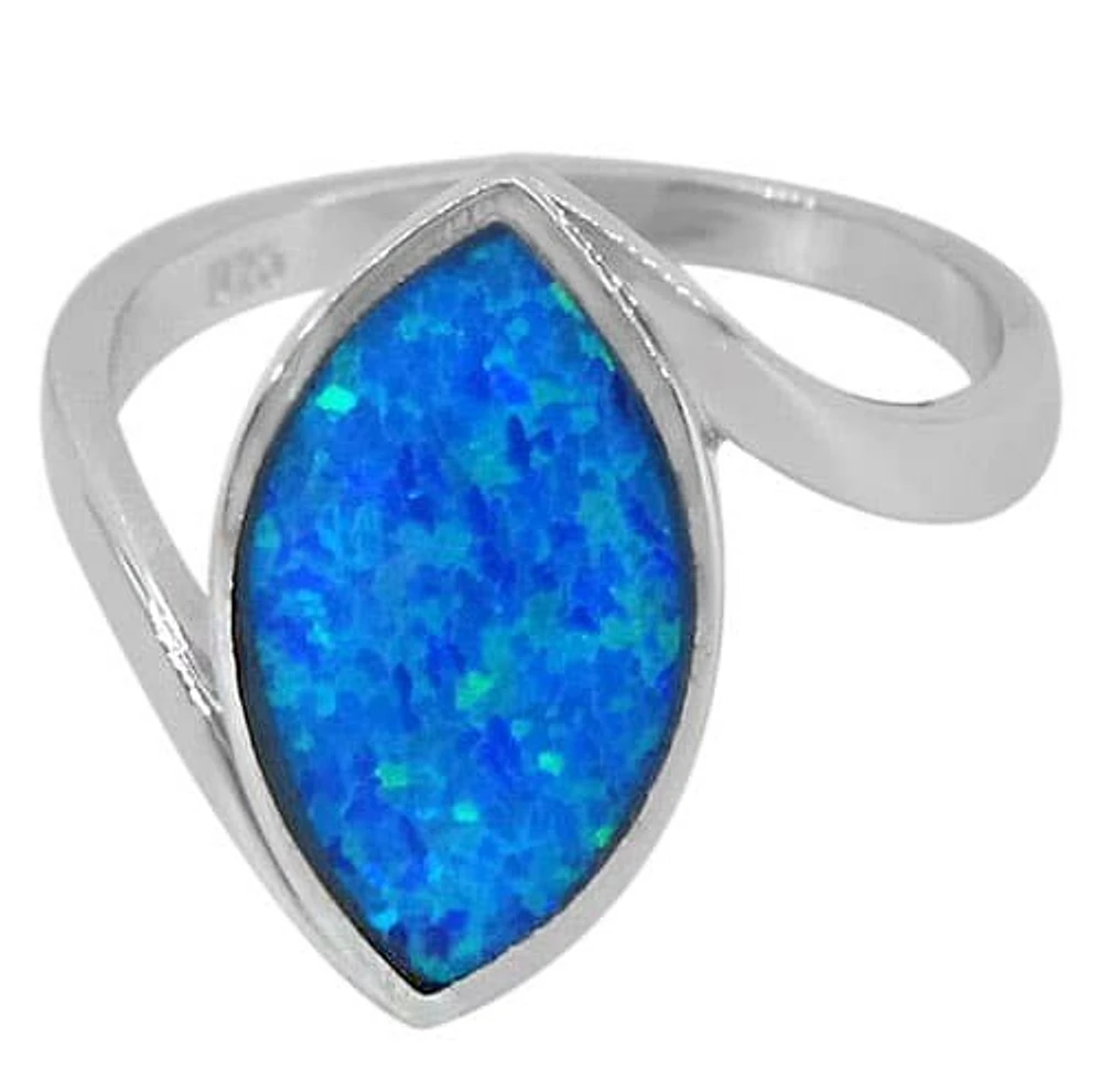 Sterling Silver With Rhodium, 19X10mm Marquise Shape Emulated Opal Stone Ring With 2mm Band