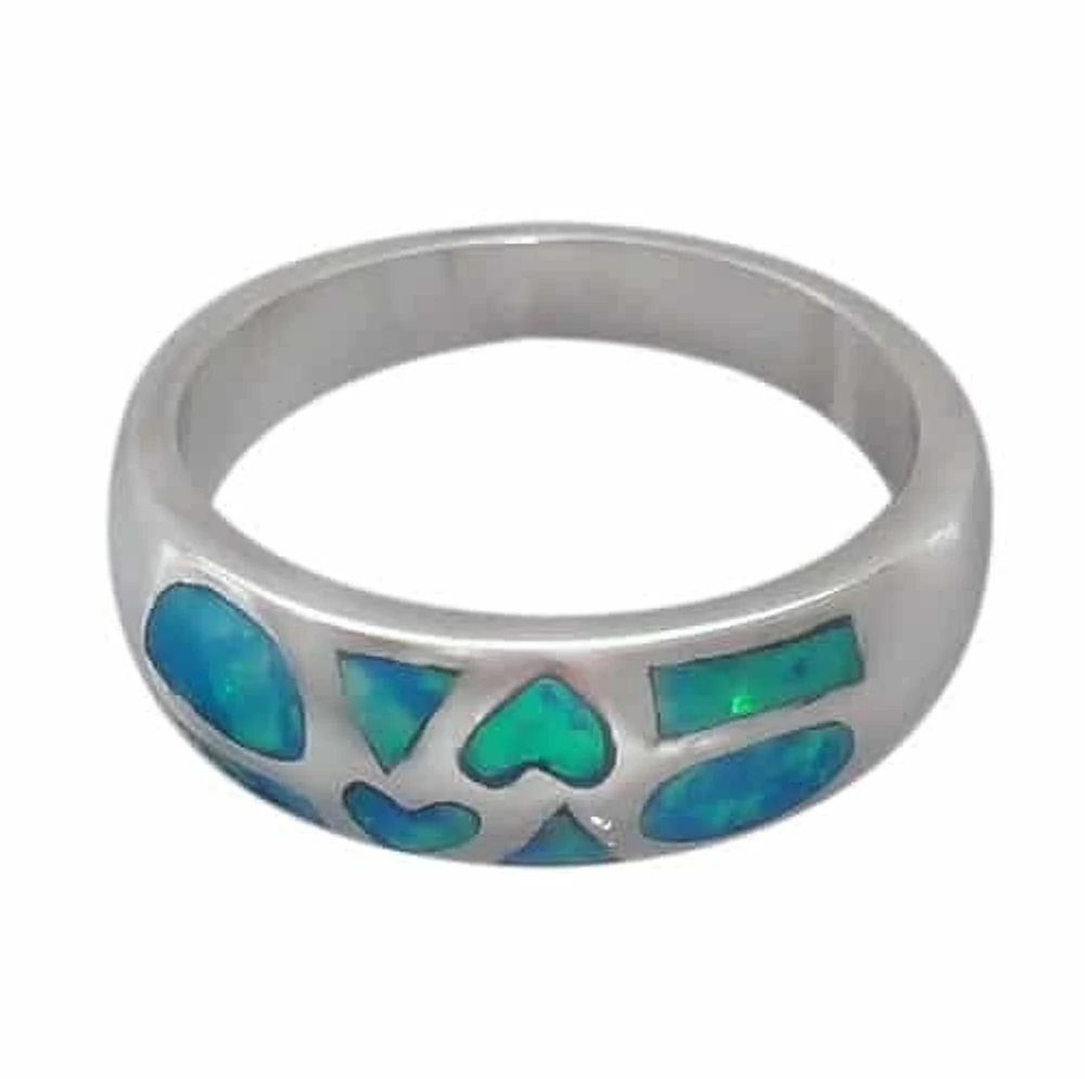 Sterling Silver With Rhodium, Emulated Opal Stone Ring With Multi Shape Design, 7mm Width