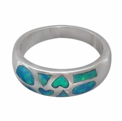 Sterling Silver With Rhodium, Emulated Opal Stone Ring With Multi Shape Design, 7mm Width