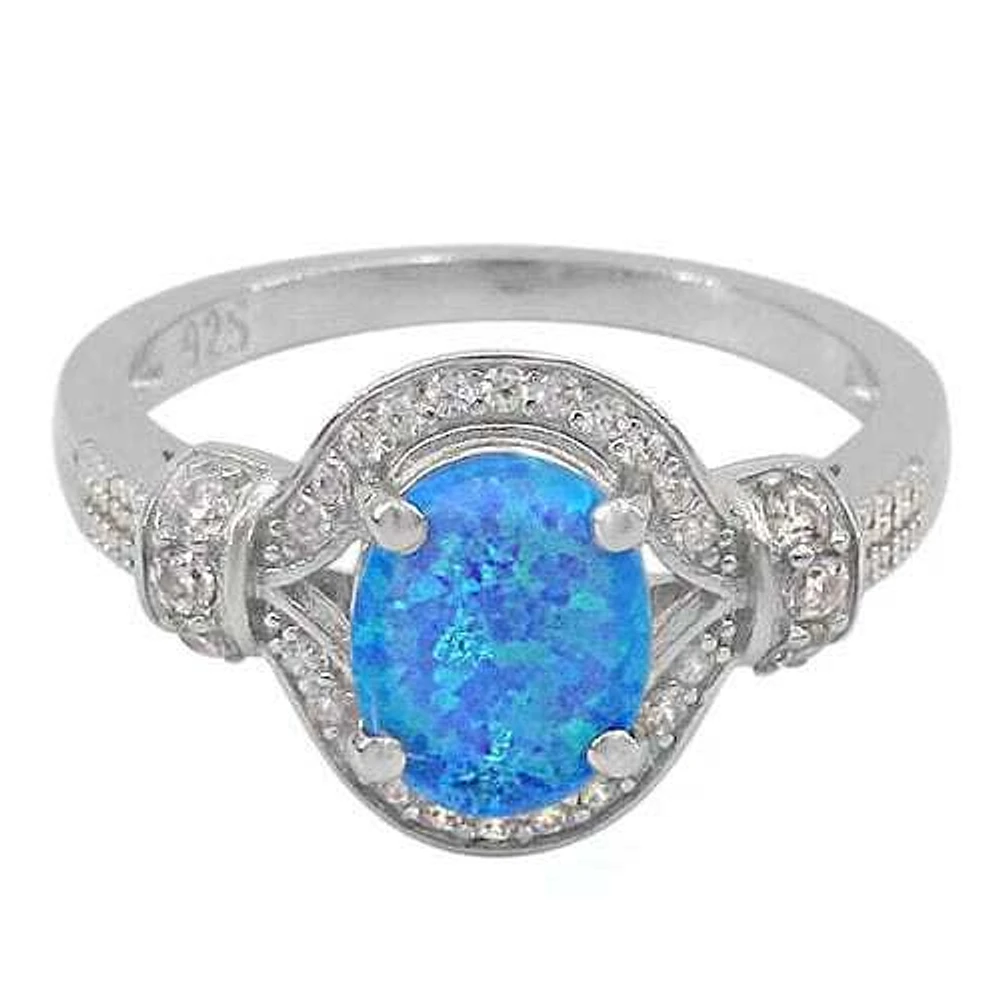 Sterling Silver With Rhodium, 9X7mm Emulated Stone And 1mm Cubic Zirconia Ring With 2mm Band