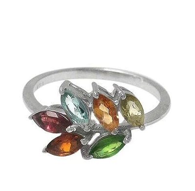 Sterling Silver With Rhodium, Multi Stone Leaf Ring, 7X3mm Width