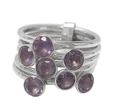 Sterling Silver With Rhodium, 5 Band Stack Ring With 5Mm Stone.