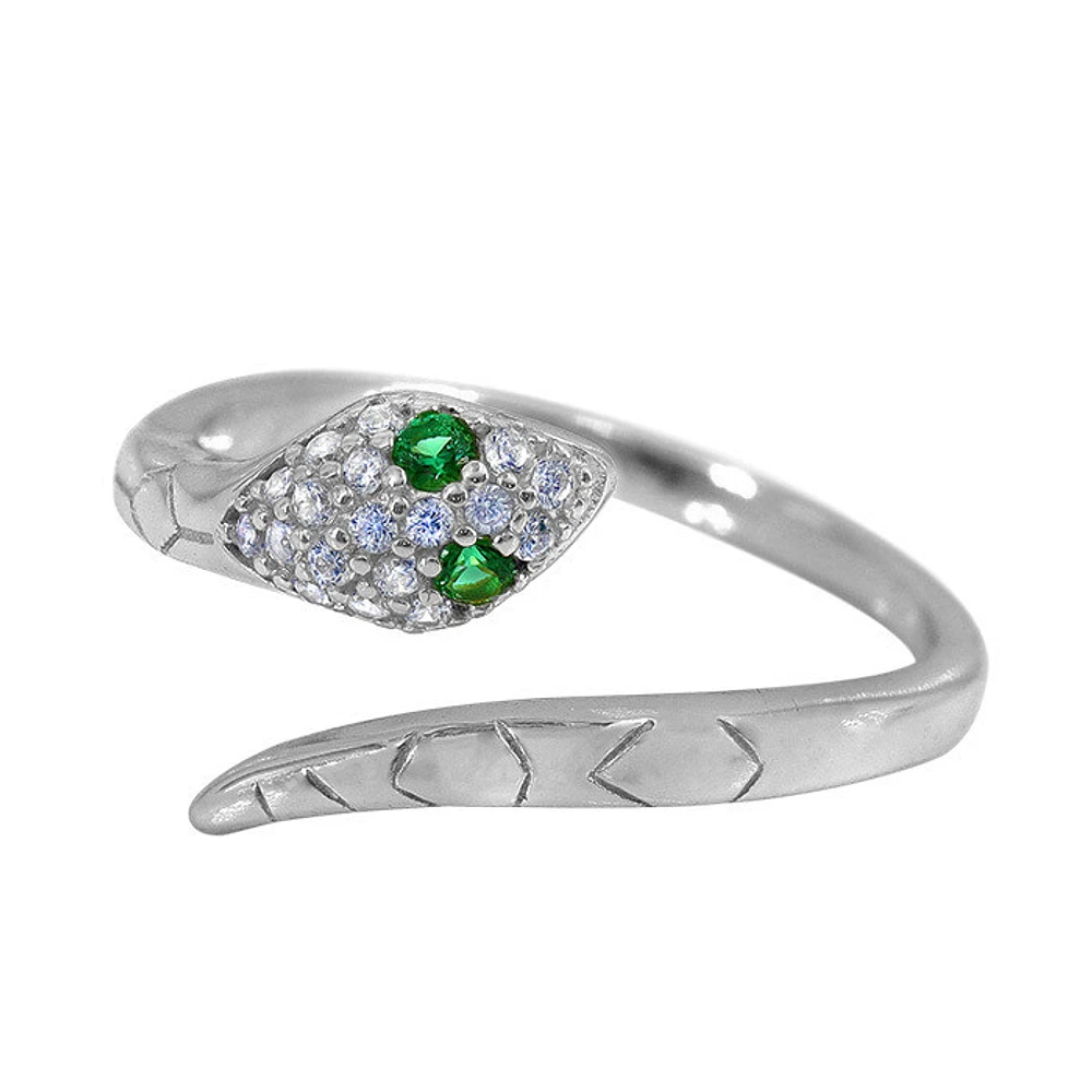 Sterling Silver With Rhodium, Adjustable Snake Ring With Cubic Zirconia, 12Mm Width