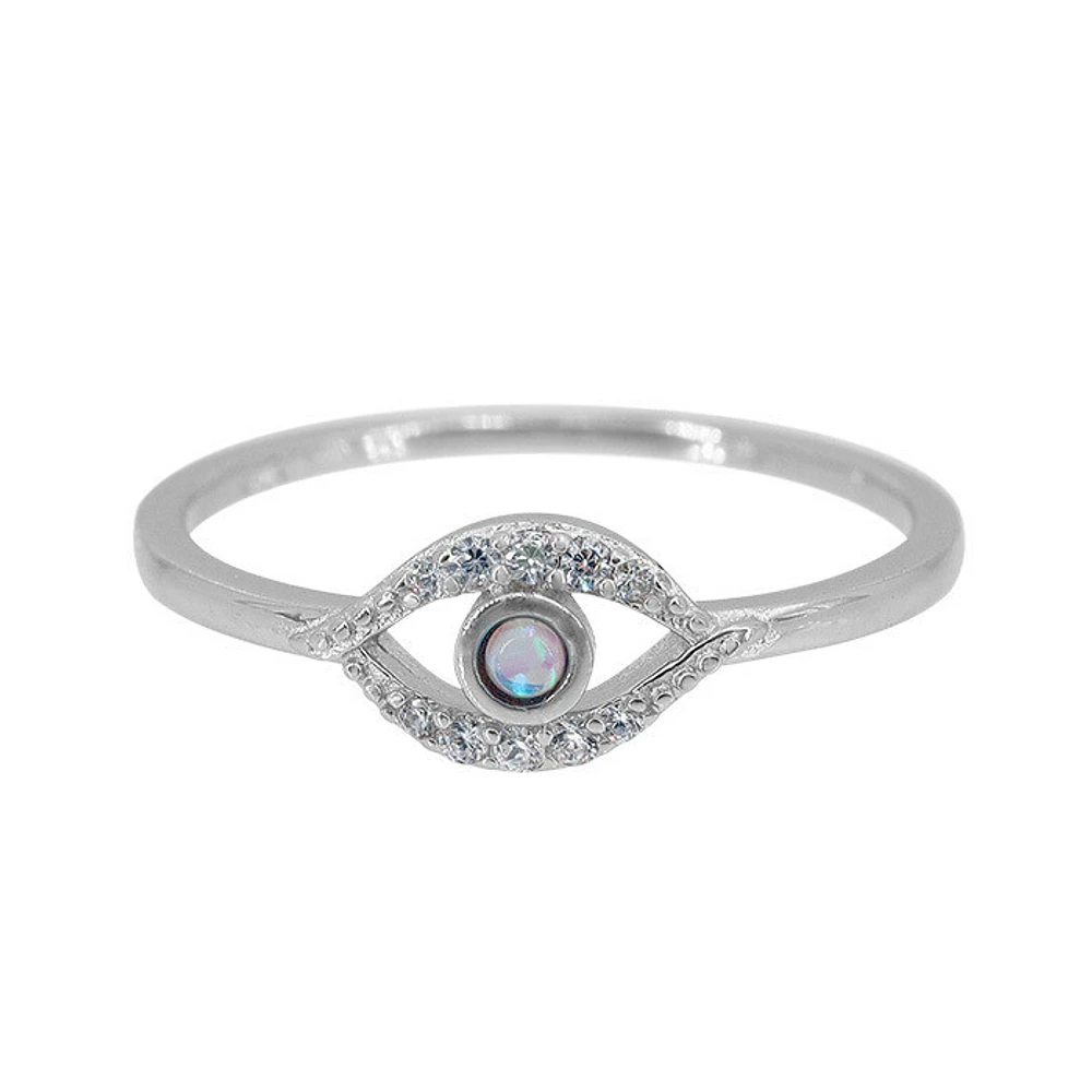 Sterling Silver With Rhodium, 6X9mm Evil Eye Ring With Emulated Opal And Cubic Zirconia, 1.5mm Band