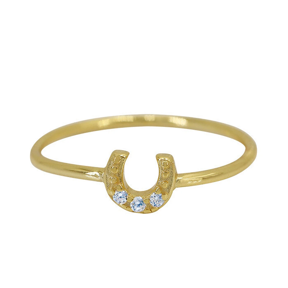 Sterling Silver With Gold, 5mm Horseshoe Ring With Cubic Zirconia