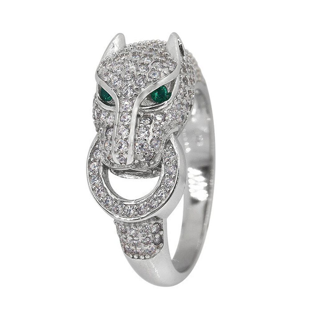 Sterling Silver With Rhodium, Panther Head Ring With Cubic Zirconia, 10mm Width