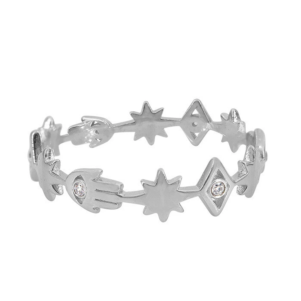 Sterling Silver With Rhodium, North Star And Hamsa Ring With Cubic Irconia