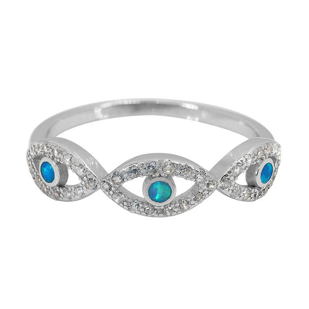 Sterling Silver With Rhodium, Evil Eye Ring With Emulated Opal And Cubic Zirconia, 5mm Width
