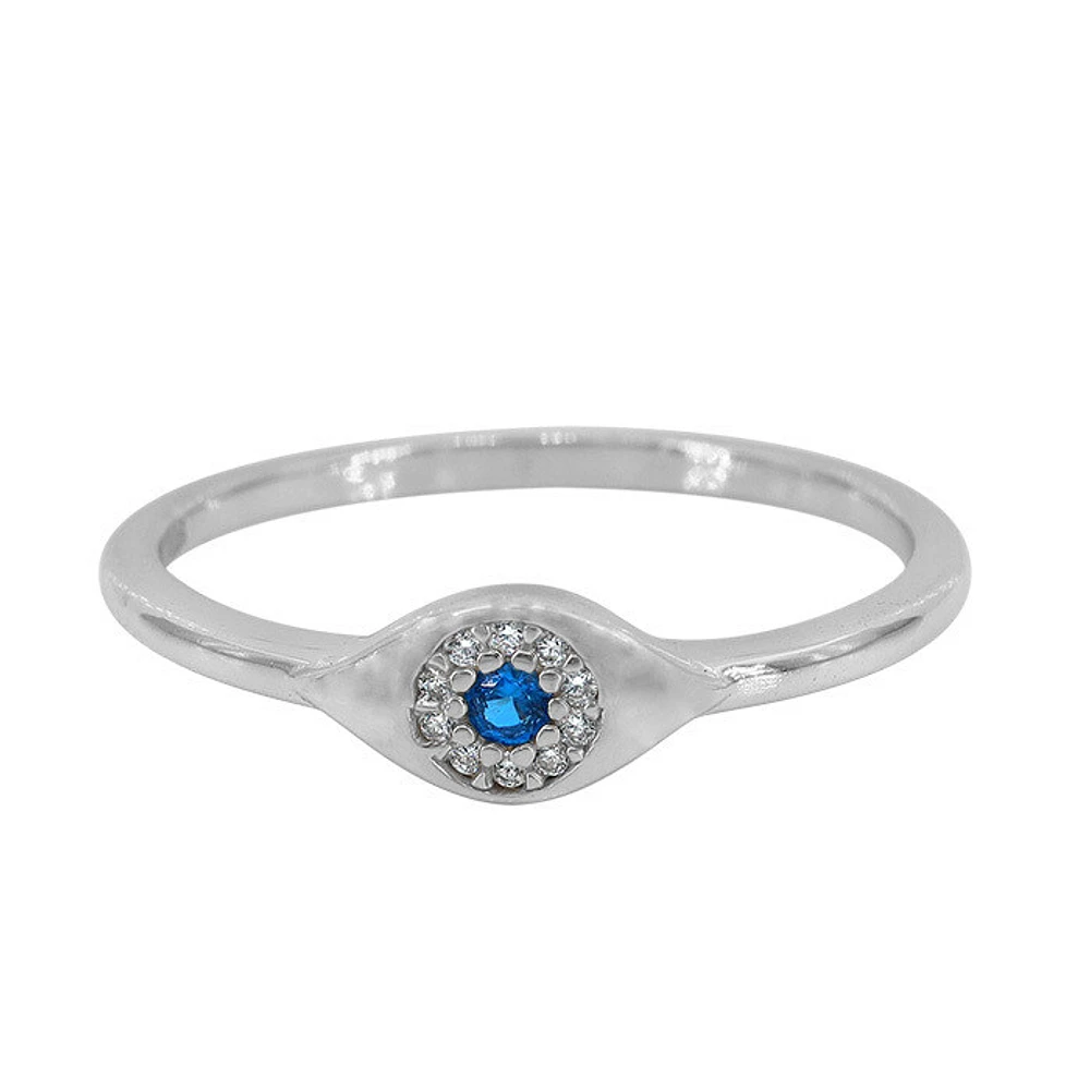 Sterling Silver With Rhodium, 5X9mm Evil Eye Ring With Cubic Zirconia, 1.5mm Band