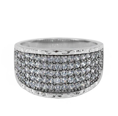 Sterling Silver With Rhodium, Hammered Style Ring With Cubic Zirconia, 12.5mm Width