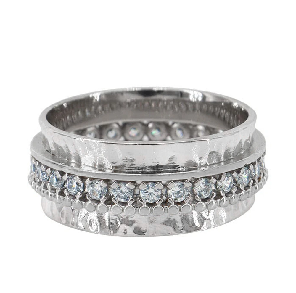 Sterling Silver With Rhodium, 2mm Cubic Zirconia Ring With Hammered Finished, 9mm Width
