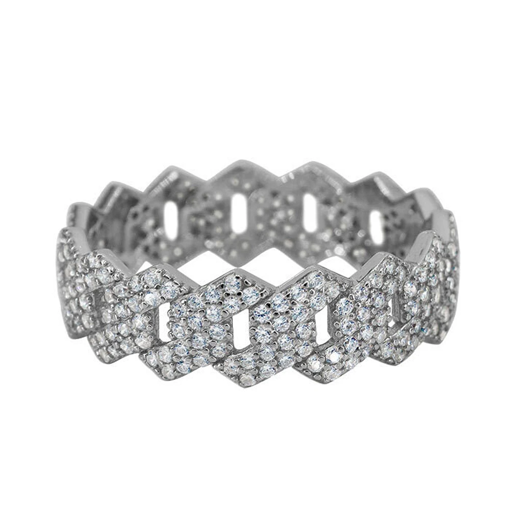 Sterling Silver With Rhodium, 7.5nm Cuban Ring With Cubic Zirconia