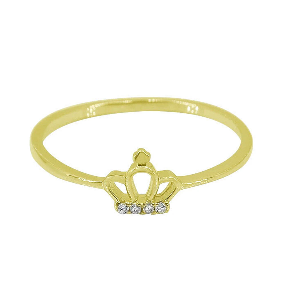 Sterling Silver With Gold, 6X7mm Crown Ring With Cubic Zirconia, 1mm Band.