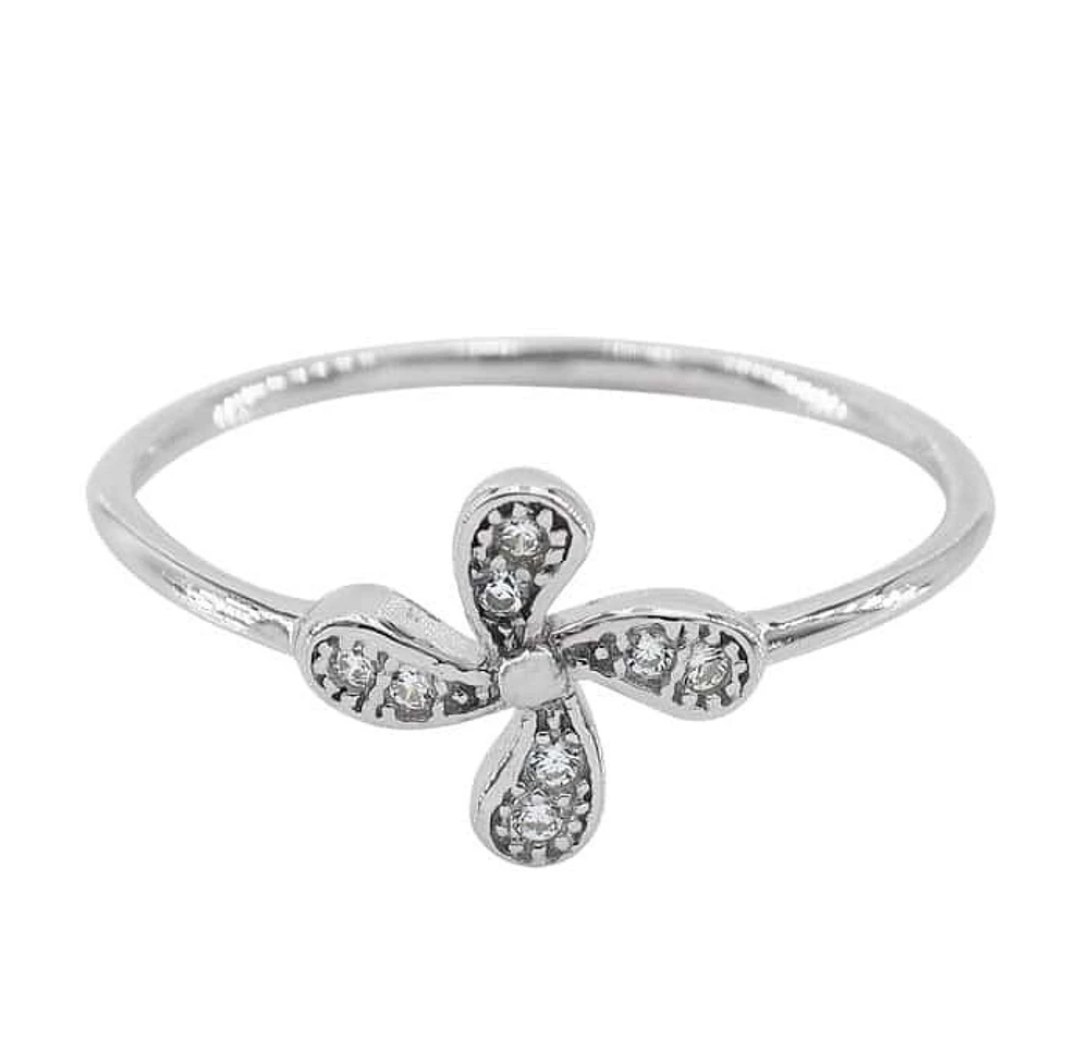 Sterling Silver With Rhodium, 9mm Flower Ring With Cubic Zirconia, 1mm Band