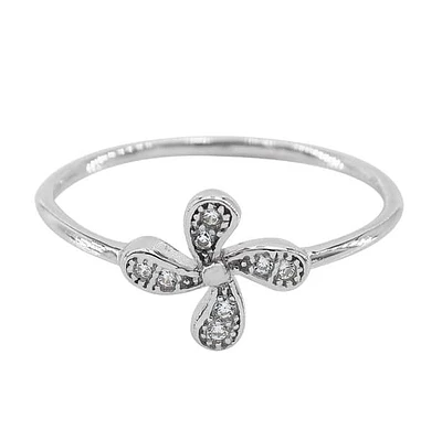 Sterling Silver With Rhodium, 9mm Flower Ring With Cubic Zirconia, 1mm Band