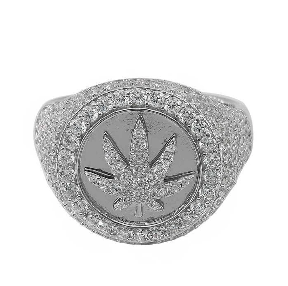 Sterling Silver With Rhodium, Marijuana Leaf Ring With Cubic Zirconia, 20mm Width