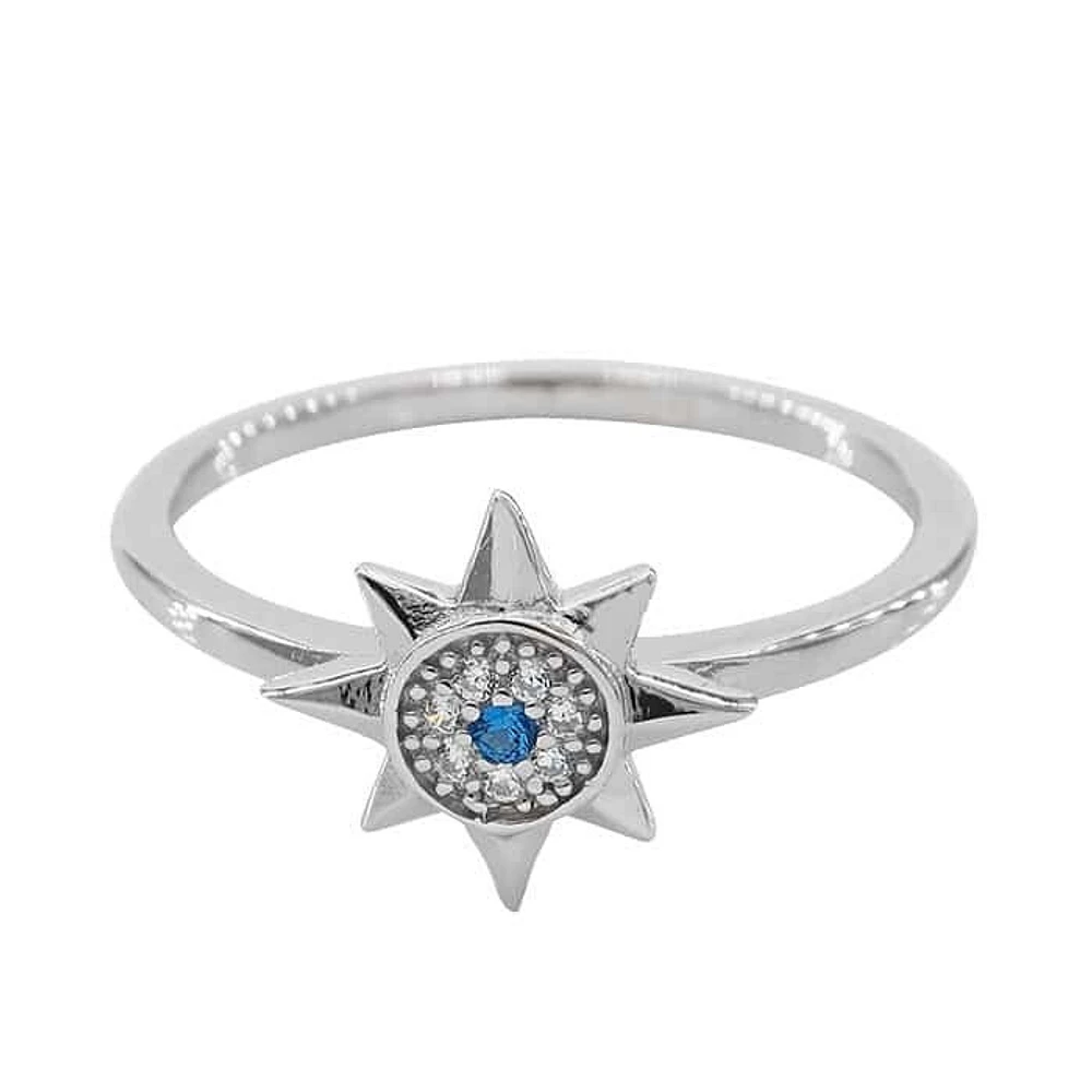 Sterling Silver With Rhodium,10mm Star Ring With Cubic Zirconia, 1mm Band