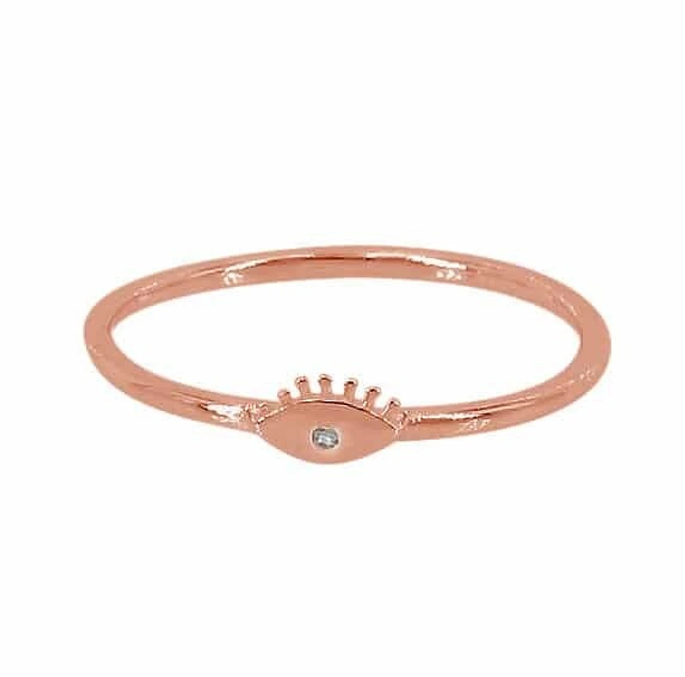 Sterling Silver With Rose Gold, 3X6mm Evil Eye Ring With 1mm Cubic Zirconia, 1mm Band