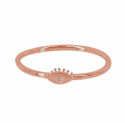 Sterling Silver With Rose Gold, 3X6mm Evil Eye Ring With 1mm Cubic Zirconia, 1mm Band