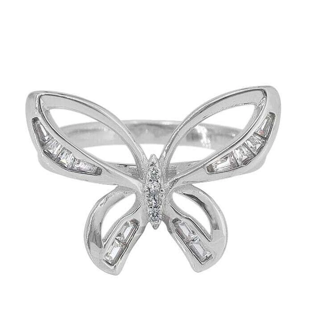 Sterling Silver With Rhodium, 16X22mm Butterfly Ring With Cubic Zirconia, 2.5mm Band