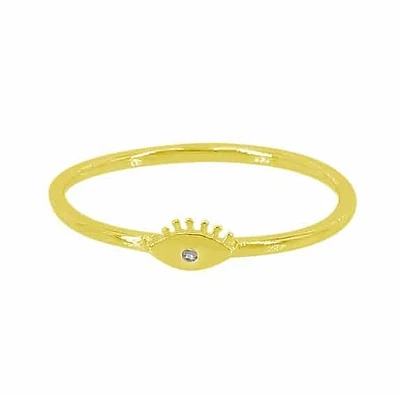 Sterling Silver With Gold, 3X6mm Evil Eye Ring With 1mm Cubic Zirconia, 1mm Band