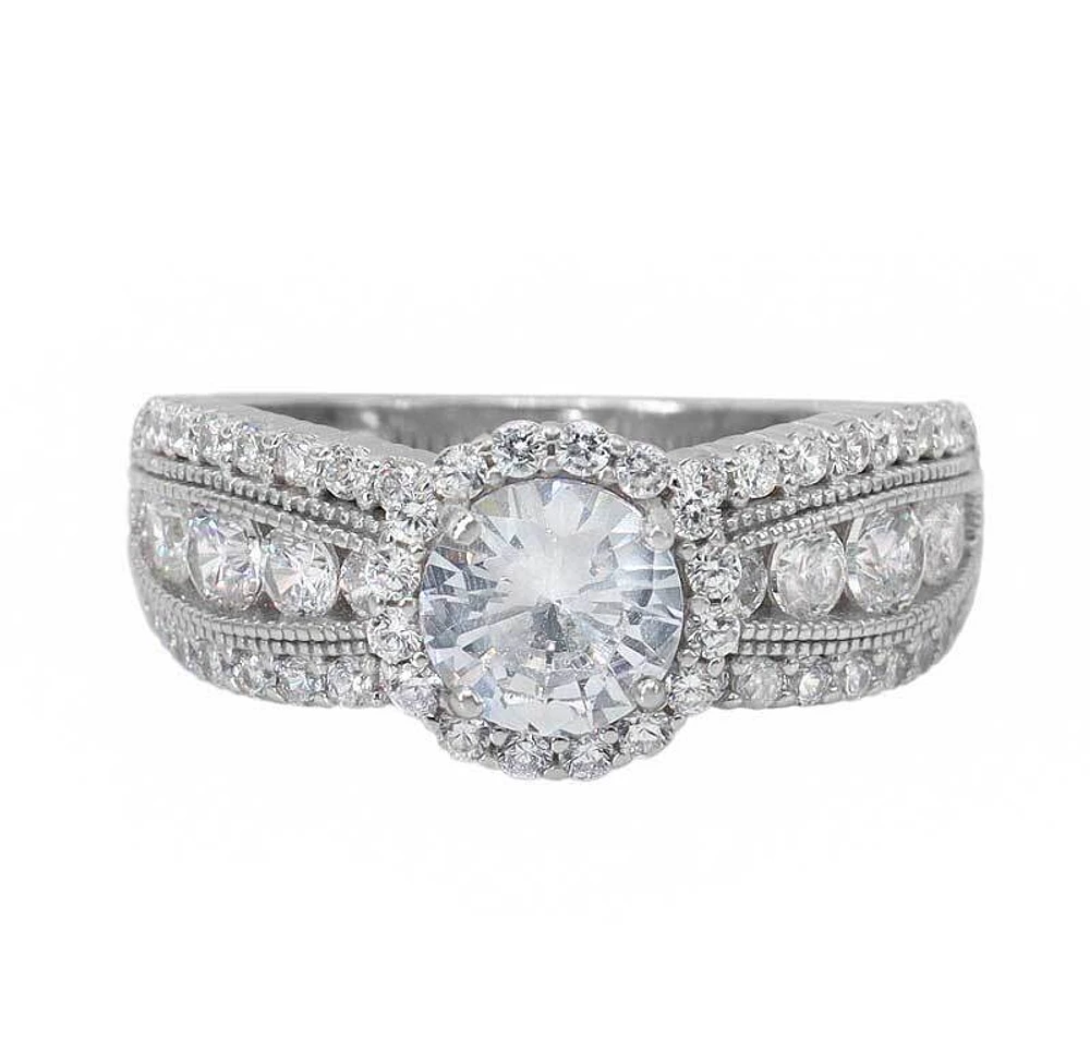 Sterling Silver With Rhodium, 10mm Round Cubic Zirconia Ring, 10mm Width