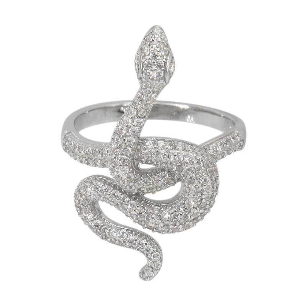Sterling Silver With Rhodium, 32X17mm Snake Ring With Cubic Zirconia, 2.5mm Band