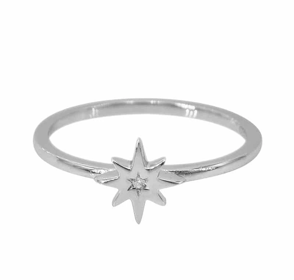 Sterling Silver With Rhodium, 8mm Star Ring With With Cubic Zirconia, 1.5mm Band